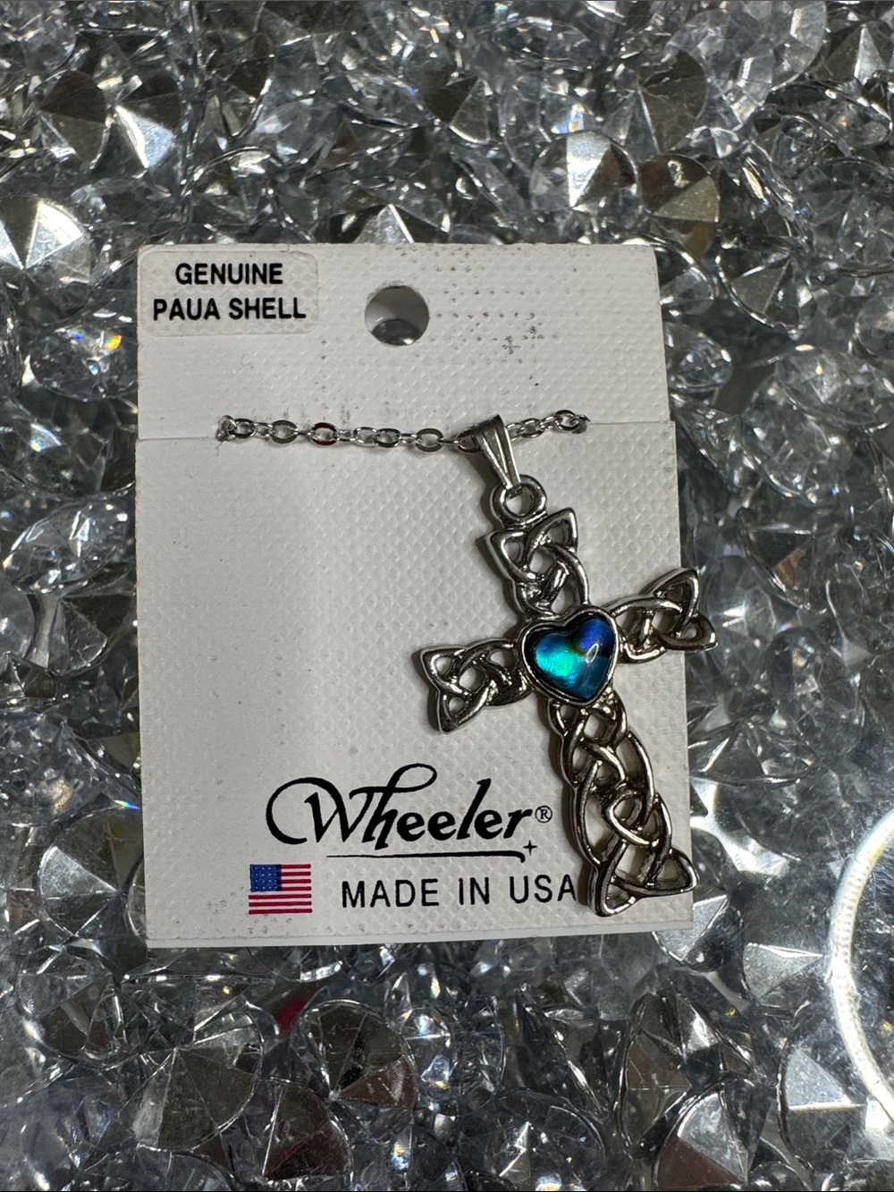 Genuine Paua Shell Heart Cross Necklace - Blue-Green NWT